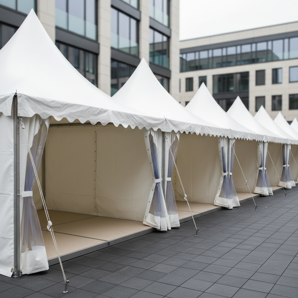 A row of elegant white pagoda tents with distinctive pointed roofs and crisp, seamless canvas, aligned perfectly along a paved courtyard in a German town setting. Sturdy metal frames and neatly fastened guy ropes highlight professional quality. Each pagoda has wide-open entrances revealing empty, spotless interiors with neutral flooring, ready for corporate events. Bright but diffused overcast daylight eliminates harsh shadows, creating an even, professional tone. Photographic realism, shot at eye level using the rule of thirds to emphasize the repeating shapes and symmetry. The mood is organized, reliable and businesslike, with clean architectural lines of nearby buildings softly blurred in the background for a modern, urban event atmosphere.