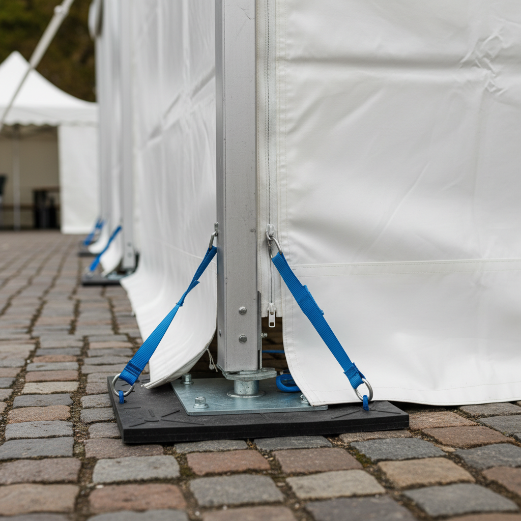 A detailed close-up of a professional tent rental installation at ground level, focusing on the technical quality. Heavy-duty aluminum tent legs stand on protective base plates atop a cobblestone surface, secured with precise weights and tension straps. The bottom edge of the white PVC sidewall is straight and clean, with neatly integrated zippers and reinforced seams clearly visible. Soft natural daylight reveals subtle textures in the fabric and the brushed metal of the frame, casting gentle shadows between the stones. Photographic realism, captured with shallow depth of field so the background of blurred tent walls and neutral surroundings stays soft. The mood is technical, trustworthy and meticulous, highlighting German engineering quality and safety in tent rental services.