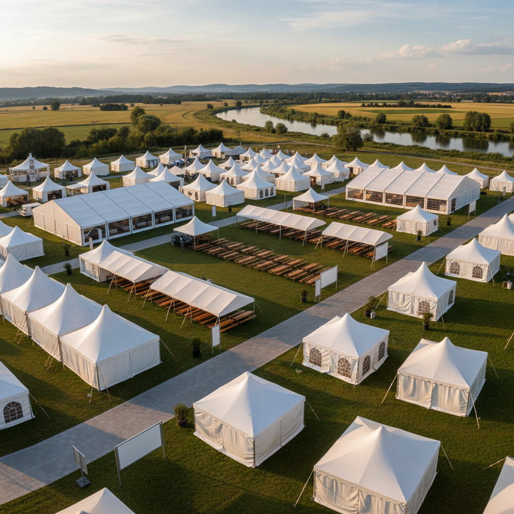 A panoramic view of a fully equipped outdoor festival area exclusively featuring tents and infrastructure, no people. Multiple white pagodas, large marquees, and smaller pavilion tents are arranged on a flat grassy field beside a river, suggesting Hamelnâ€™s scenic surroundings. Clear signage boards, empty beer garden benches, and modular flooring systems connect the tent areas. Early evening golden hour light bathes the scene, casting long soft shadows and warm highlights on the tent roofs. Photographic realism, captured from a slightly elevated viewpoint to show the entire layout and clear pathways. The mood is inviting and well-organized, conveying the capacity of the tent rental company to handle large-scale public events with a structured, professional appearance.