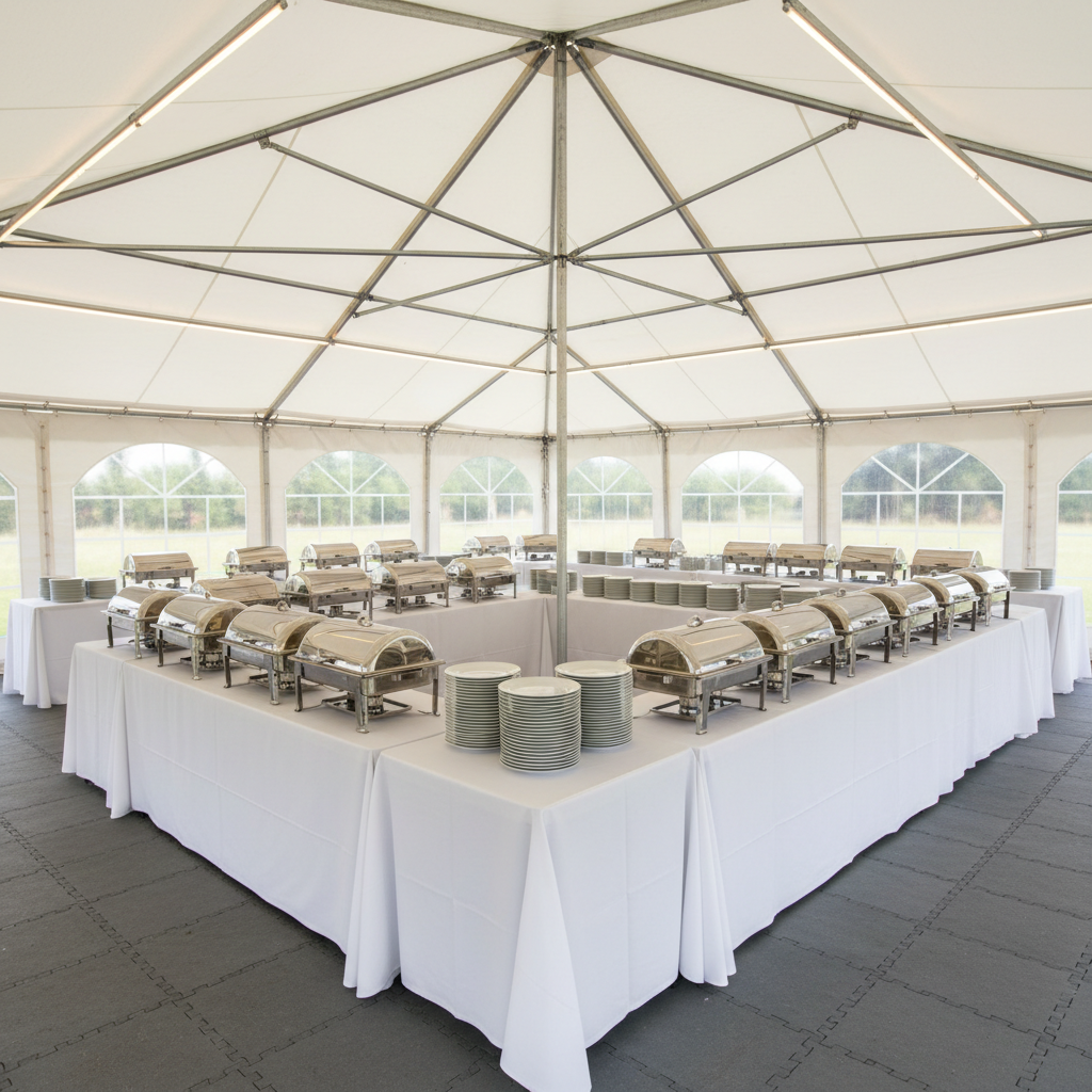 A meticulously arranged corporate event setup beneath a large white rental marquee, showing only furniture and structures, no people. Inside the tent, polished rectangular buffet tables with white tablecloths, chrome serving chafers, and neatly stacked white plates stand ready for use. The tentâ€™s interior features sturdy visible support beams, transparent side panels, and carefully installed lighting strips along the ceiling. Natural daylight filters through the sidewalls, complemented by subtle warm LED lights, creating balanced illumination without harsh contrasts. Photographic realism, captured from a wide-angle lens at eye level, with sharp focus and clean lines. The mood is professional and efficient, suggesting a turnkey event solution for company celebrations and business functions.