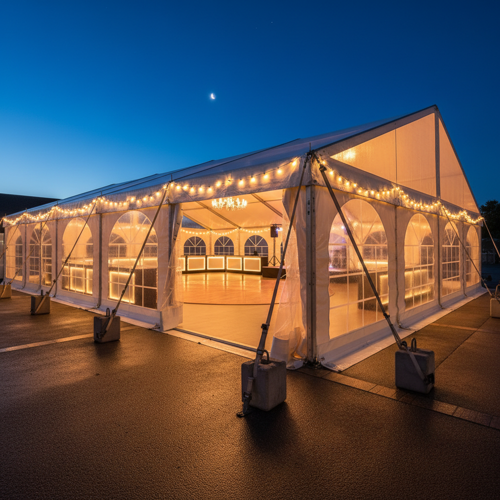 A night-time scene of a premium event tent rental in use, with no people present. A large white pavilion tent stands in a courtyard, its interior glowing warmly through transparent side panels and arched windows. Inside, a clearly visible empty dance floor, stage platform, and neatly arranged bar counters showcase the tentâ€™s versatility. Outside, stable metal anchoring systems and weighted bases are visible, hinting at secure installation. Decorative string lights line the roof edges and cast soft reflections on the tent fabric. Photographic realism, shot from a low-angle corner view to emphasize the tentâ€™s height and presence. The mood is festive yet controlled, conveying reliability for late-night events and celebrations, with a clean, dark blue evening sky as backdrop.